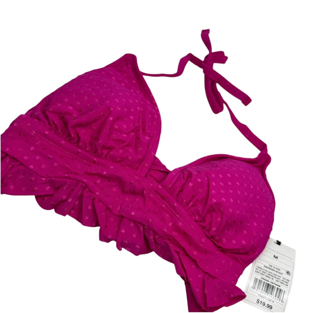 Shade Shore Raspberry Dot Ruffle Halter Bikini Swim Top Women's Size Medium